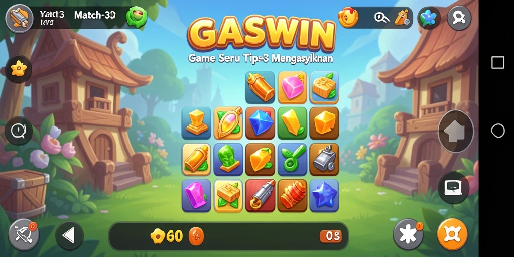 Screenshot utama GASWIN menampilkan gameplay Match-3 yang seru dan penuh warna.