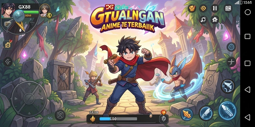 Screenshot utama GX88 menampilkan pertarungan karakter anime yang seru.