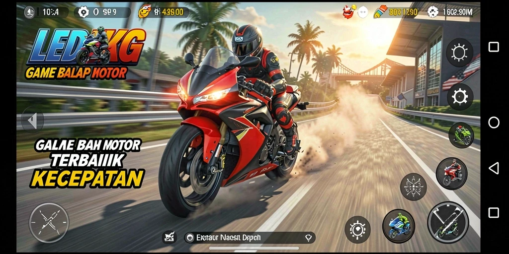 Tangkapan layar gameplay <strong>LEDAKGG</strong> menunjukkan aksi balap motor yang mendebarkan.