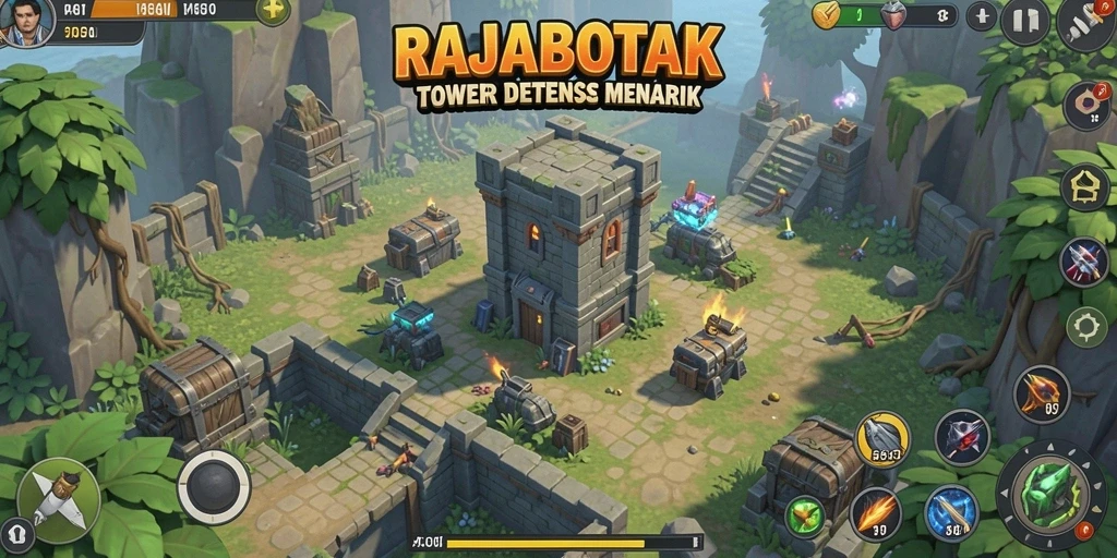 Tampilan gameplay RAJABOTAK menunjukkan menara berwarna-warni melawan gelombang musuh.