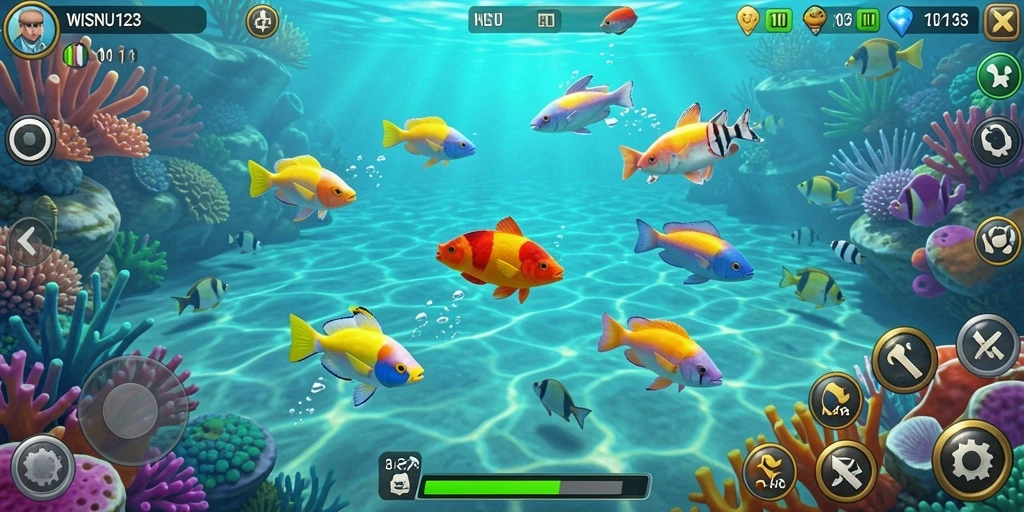 Menampilkan gameplay WISNU123 dengan aksi tembak ikan yang seru.